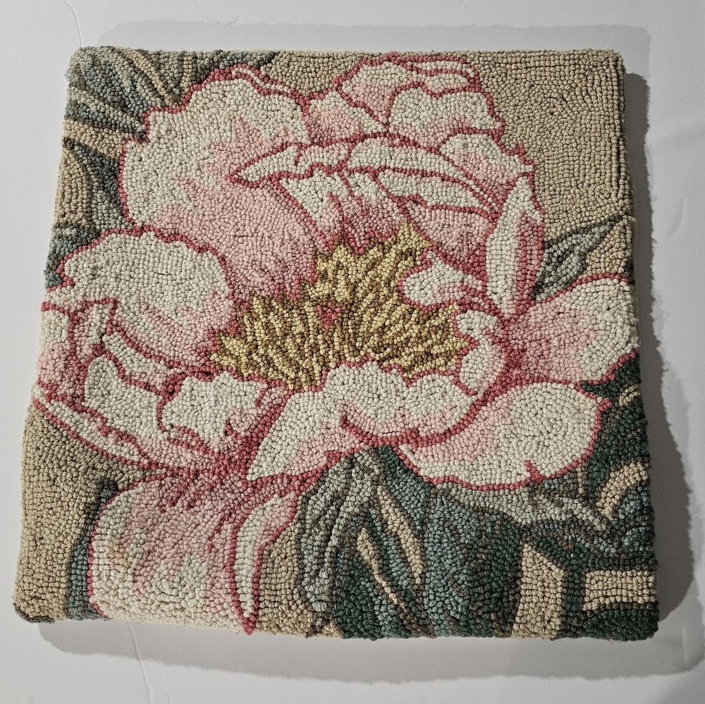 Peony Hooked Punch Needle Wool/ Cotton Blend Square Accent Pillow Case Cover